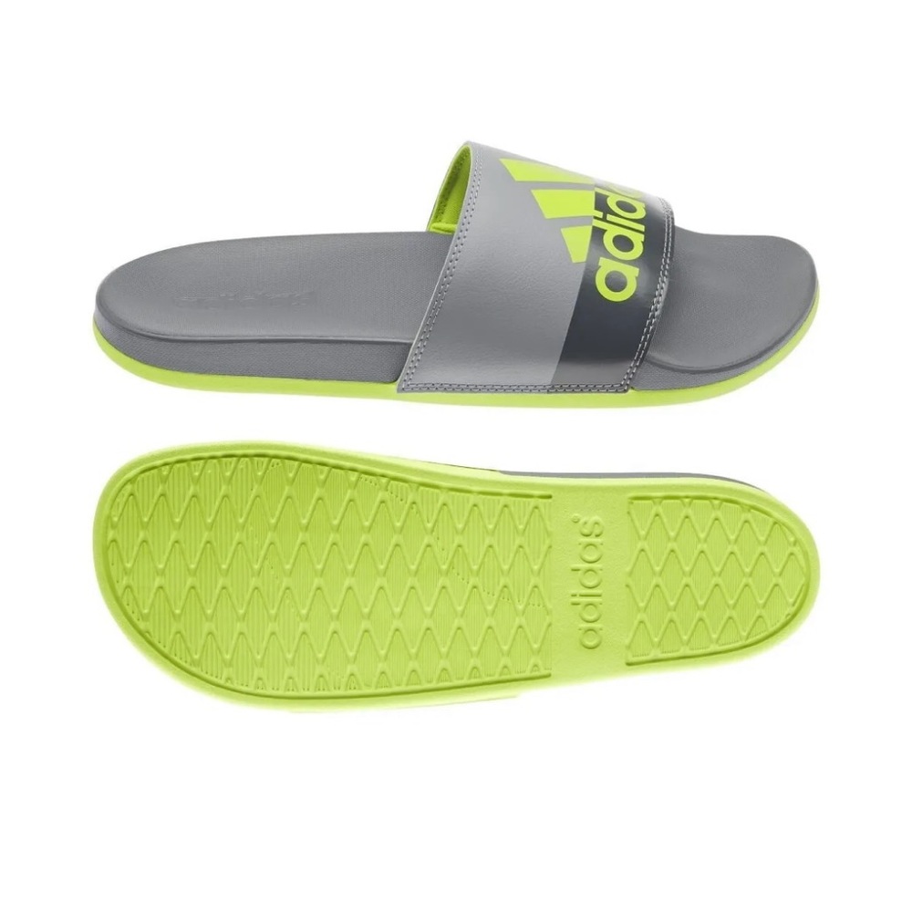Adidas Adilette Comfort Slides Men's Size 18 Grey Green Spellout Logo GV9715